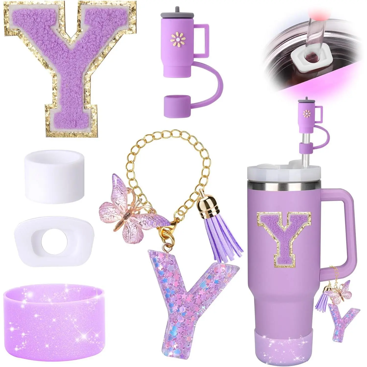 Kitchen 6-Piece Tumbler Accessory Set - Compatible with 30oz/40oz Handled Mugs, Includes Cup Lid, Leakproof Collapsible Straw, Spill-Proof Stopper, Handle Charm, Letter Y Sticker, Drinkware Accessories