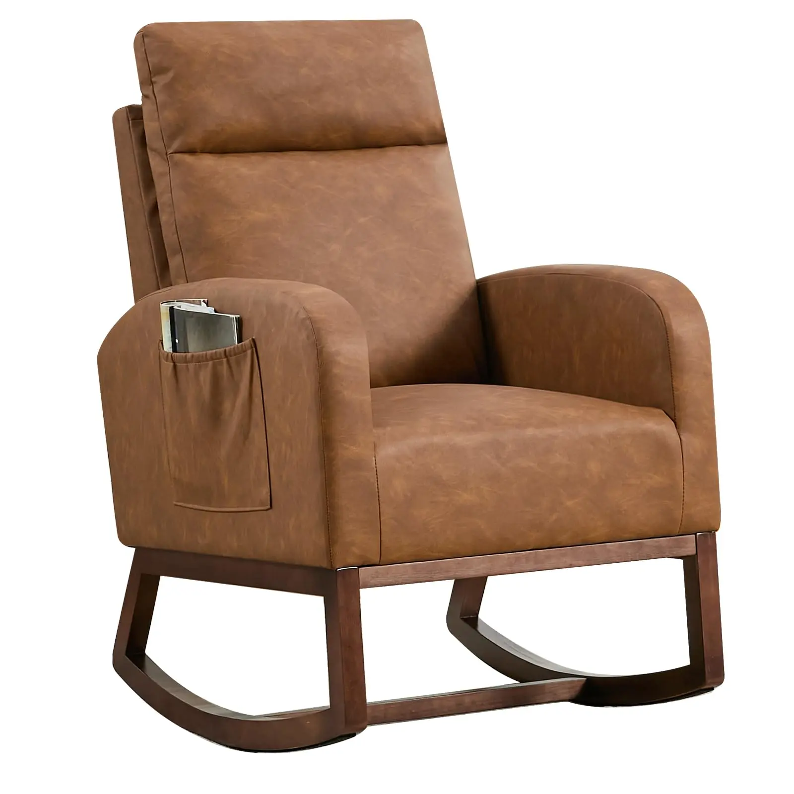 Rocking Chair Nursery,Glider Chair Nursery Chair with High Back and Side Pocket,Rocking Accent Armchair with Rubber Wood Leg for Nursery, Brown office  chair