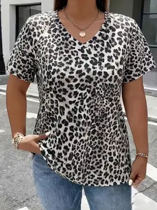2026 New Women's Fashion Leopard Print V-Neck Short Sleeve T-Shirt, Loose Fit Comfortable Top, Ideal for Spring and Summer