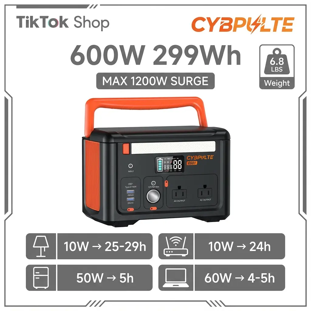 Portable Power Station 600W(1200W Surge) 299Wh with 2 AC Outlets 140W USB-C Fast Charging 7 Ports Compact Solar Generator for Camping Indoor Outdoor Emergency RV Travel