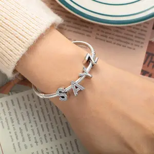 Letter Charms Fits Pandora Bracelets S925 Sterling Silver Initial Charms for Bracelets Alphabet A-Z Letters Bead Bracelets Necklace Pendent with Cubic Zirconia for Women Birthday Ceremony DIY Jewelry