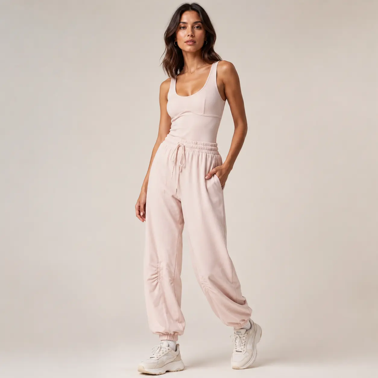Women's Basic Stretchy Comfy Fitted Sleeveless Onesie Jumpsuit - Soft Elastic Drawstring-Adjustable Fit, Cute Chic Overalls with Integrated Stylish Top Set
