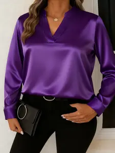 Fashion Elegant Plus-Size Women's Satin Long-Sleeve Fitted Shirt Blouse