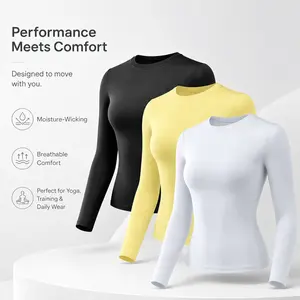 Women's 3-Piece Slim Fit Long Sleeve Basic Crop Shapewear Tops - Soft Polyester, Round Neck, Simple Style, Fall Fashion, Y2K Underscrubs Layer - Haze Blue/White/Black Womenswear Blouses & Shirts