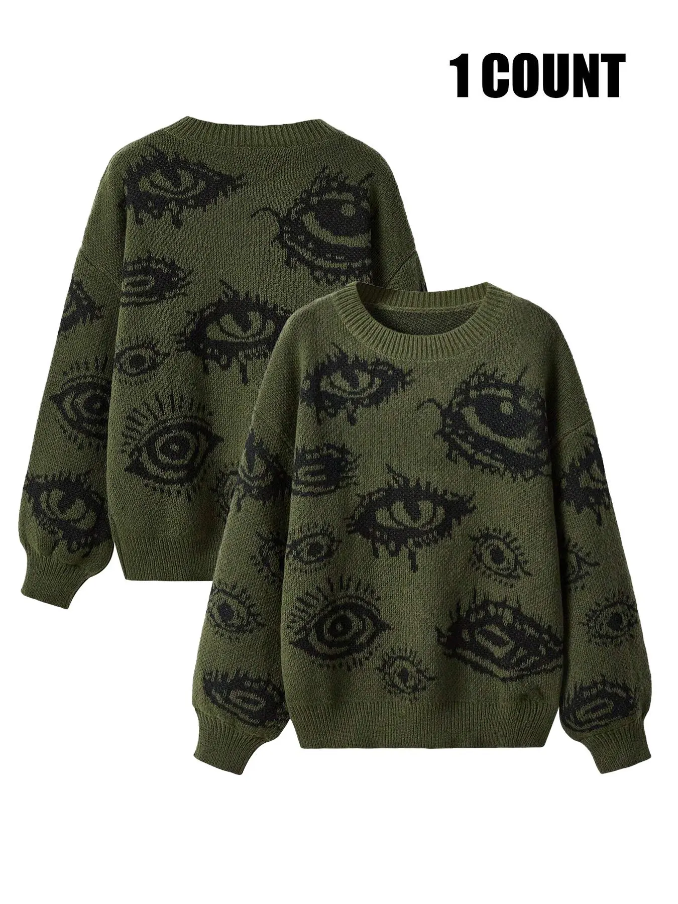 Men's Eye Print Drop Shoulder Sweater Pullover, Regular Fit Casual Long Sleeve Round Neck Jumper for Fall & Winter, Fashion Men's Knitwear for Daily Wear, Knit Pullover Top