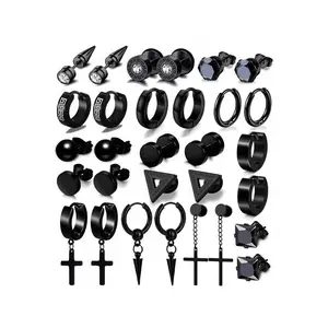 15 Pairs of Earrings for Men, Stainless Steel Earring Kit for Men and Women — Fashion Piercing Jewelry Cross Drop Hoop Earrings Set