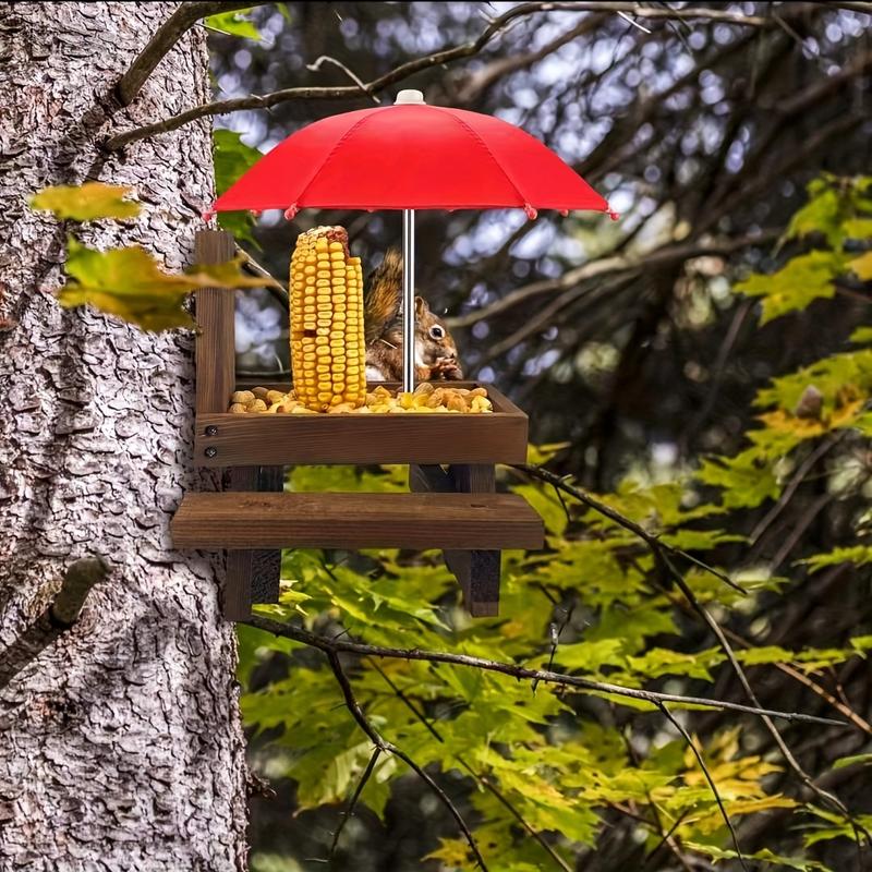 Durable Recycled Wood Squirrel Feeder with Umbrella, Outdoor Garden Wildlife Feeding Station, Fun Decoration for Yard and Patio