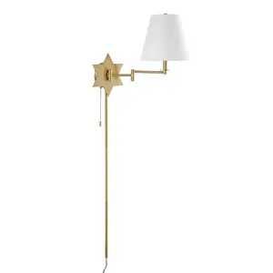 18.5" 1-Light David Swing Arm Star Wall Sconce with Pull-Chain and USB Charging Port Brass Gold - JONATHAN Y: Cotton Shade, Hardwire or Plug-In