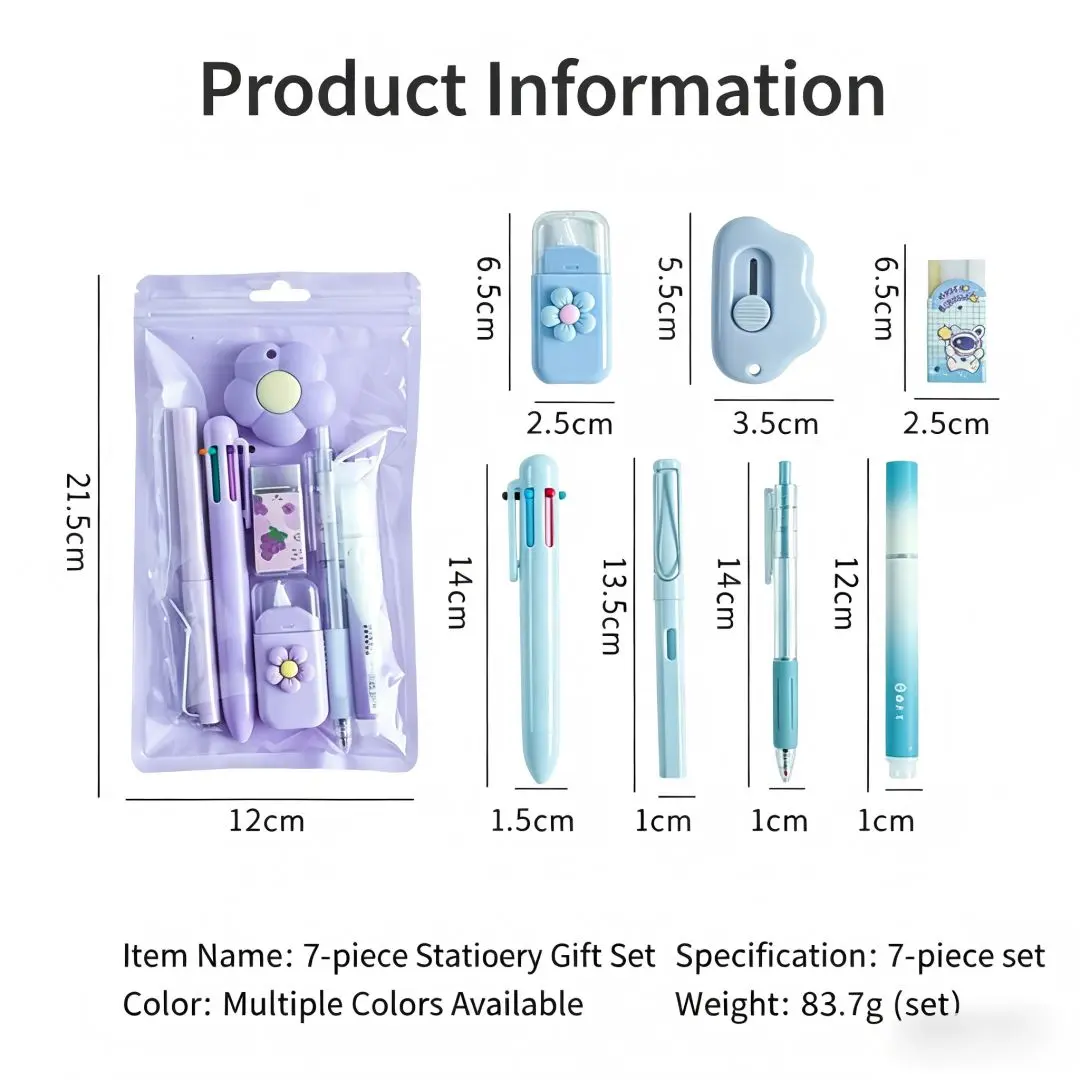7-Pc Aesthetic Back to School Stationery Set, Kawaii Pastel Bundle with Liquid Gel Pens, Mechanical Pencil, Eraser, Highlighter, Correction Tape, Pencil Case Organizer, Scrapbooking Supplies, Teen Girl Birthday Gifts for Students, Study Kit, Back To Schoo
