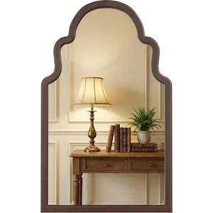 40"x24" Walnut Arched Mirror, Solid Wood Frame for Vanity, Mid Century Modern Decor for Living Room & Bedroom, Rustic Dark Brown Wooden Mirror for Wall, Boho Style