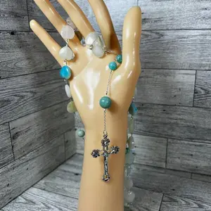 Hemimorphite & Amazonite Rosary - Unisex 34" Handcrafted Beaded Necklace with Heart Shaped Hemimorphite Beads and AAA Grade Amazonite Gemstones