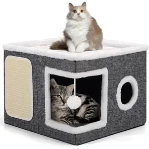 Indoor Cat Bed with A Large Cat Door, Featuring A Comfortable Cat House, Plush Ball, and Round Window. It's Foldable, Can Hold Up To 30 Pounds, and Provides A Dedicated Hiding Place for Your Cat. The Double-sided Mat Is Suitable for All Seasons. Available