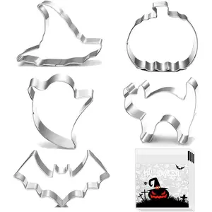Halloween Themed 5 Piece Cookie Cutter Set with Pumpkin, Bat, Ghost, Cat and Witch Hat - Perfect for Festive Parties