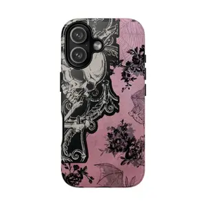 Gothic Skull iPhone Case, Vintage Pink Aesthetic Phone Cover with Bats & Roses for iPhone 17 16 15 14 13 12 11 Pro Max Plus Air