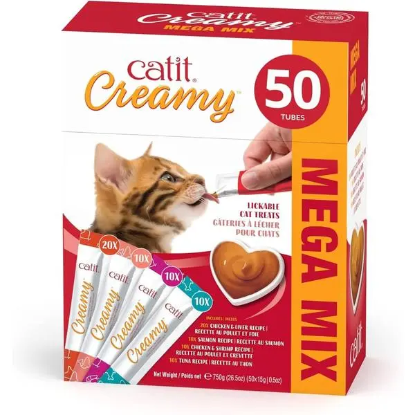 Creamy Lickable Cat Treat – Healthy Variety of Flavors, 50 Pack, Hand-Feed or Serve, Nutrient-Rich Squeeze Tube