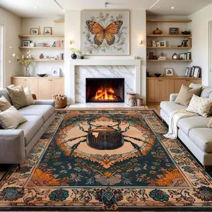 Vintage Art Beetle Floral Area Rug, American Retro Style Home Decor, Pet-Friendly Non-Slip Mat, Soft Washable Foldable Rug for Living Room Bedroom