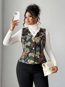 Women's Plus Size Casual Ethnic Pattern Vest Top, Sleeveless Vintage Button Design, Perfect for, Parties, Daily Wear