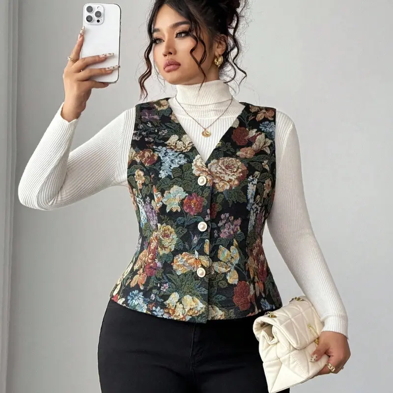 Women's Plus Size Casual Chic Ethnic Floral Pattern Vneck Vest Top Sleeveless Tops, Elegant Sleeveless Vintage Button Design, Perfect for Parties, Daily Wear, Spring