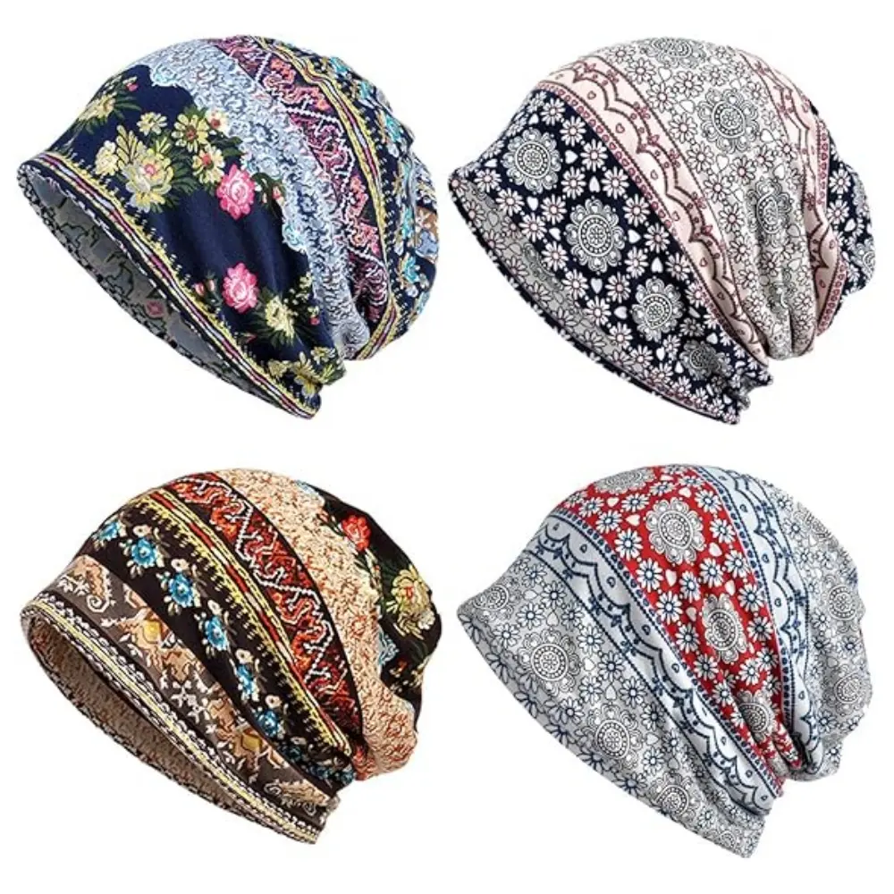 Slouchy Beanies for Adults, 4 Pack Soft Polyester Chemo Caps for Large Heads, Reversible Lightweight Floral Hair Hat for Daily Wear, 4 Colors, Double-Layered, Unisex, Breathable, Hand Wash, Spandex Blend, 3% Spandex, All Skin Types, Slouchy Beanie Caps