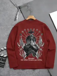 Gothic Virgin Mary Graphic Long Sleeve Tee – Dark Aesthetic Melancholic Streetwear Top with Cross & Dove Print, Unisex Oversized Alternative Fashion Shirt for Men & Women Clothes