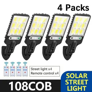 4 Pack Solar Street Light Outdoor with 120 LEDs Each – Smart Remote & IP65 Motion Sensor – 3 Modes (Security/Dim/Highlight) for Pathways, Garages, Backyards & Front Yards – Heavy-Duty Waterproof Lighting Solution for Home & Outdoor Areas, Lighting Gifts