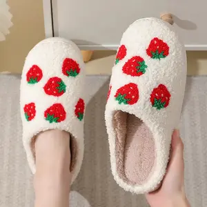 Sweet Strawberry Style Fuzzy Slippers for Women Men Warm Memory Foam Cozy House Shoes with Traction Stability Wave Outsole - Girl Flipflop Slide Dance Footwear