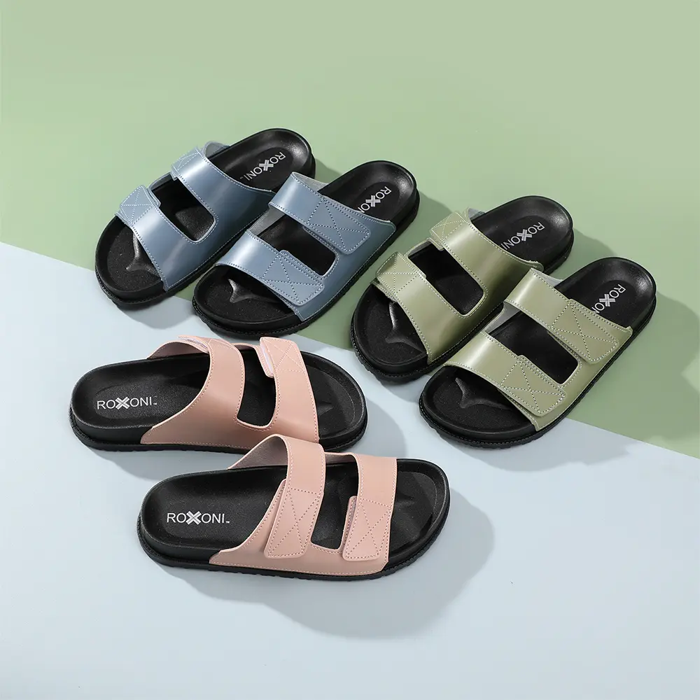 Roxoni Women's Slate Blue Cushioned Two Strap Footbed Sandals Lightweight Open Toe Slide Sandals with Velcro Closure & Rubber Sole for Summer Comfort