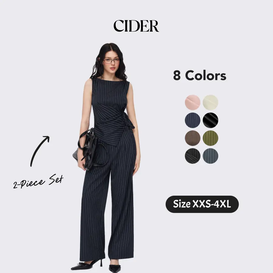 Cider 2-Piece Set Boat Neck Striped Wrap Knotted Top & Mid Rise Straight Leg Trousers Set– Office & Weekend Casual SummerWins SummerFinds