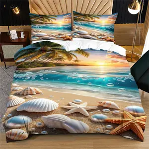 Island Sunset Palm Tree Print Bedding Set, Includes 1 Fitted Sheet and 1/2 Pillowcases, Relaxing Bedroom Decor Kit