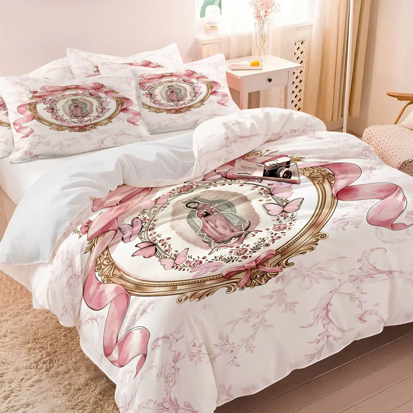 Coquette Our Lady of Guadalupe Duvet Cover Set, 1 Duvet Cover + 1/2 Pillowcases, Pink Bow Virgin Mary Print Bedding, Soft Microfiber Bed Linen, Decorative Duvet Cover, Religious Gift for Catholic Women Girls, Bedroom Decor, Printed Bedding Set
