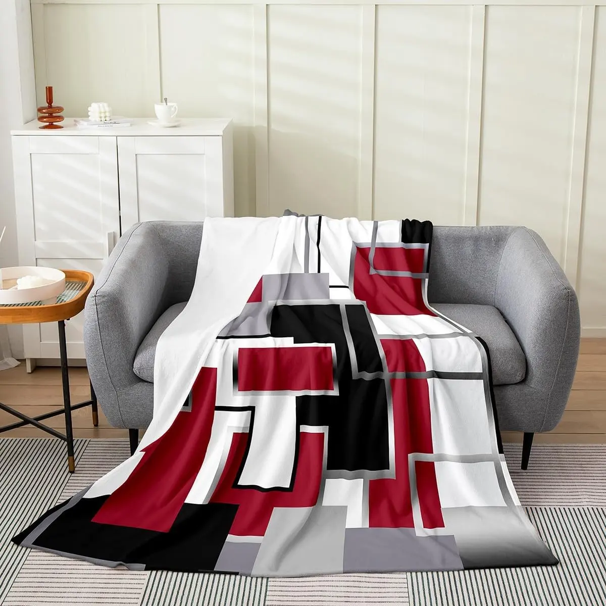 Modern Blanket Queen 90x90, Black White Red Throw Blanket for Teens Youth Adult, Geometric Plaid Square Fleece Blanket, Contemporary Artwork Flannel Blanket All Season