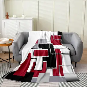 Modern Blanket Queen 90x90, Black White Red Throw Blanket for Teens Youth Adult, Geometric Plaid Square Fleece Blanket, Contemporary Artwork Flannel Blanket All Season