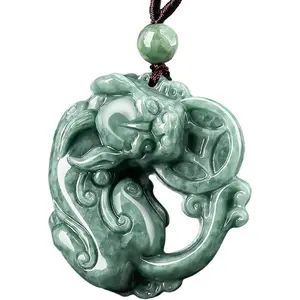 Jade Pixiu Necklace Crystal Coin-Biting Pi Yao Necklace Feng Shui Wealth Amulet Myanmar Level A Fei Cui Jade Chakra Gems Pendant Necklace Money Attraction Against Evil Spirits
