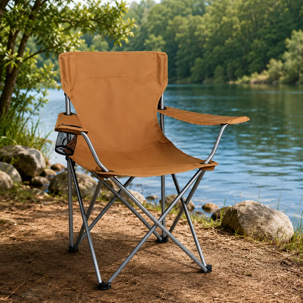 Lightweight Folding Camping Chair with Cup Holder, Portable Outdoor Seat for Sports and Tailgating, Brown