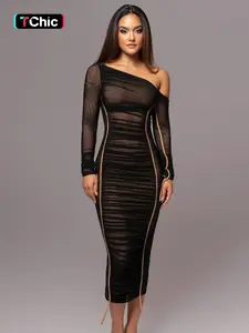 Women's Striped Ruched Asymmetrical Neck Bodycon Dress, Elegant Chic Long Sleeve Long Dress for Party Club Dating Wear, Women's Clothing for Spring & Fall, Womenswear