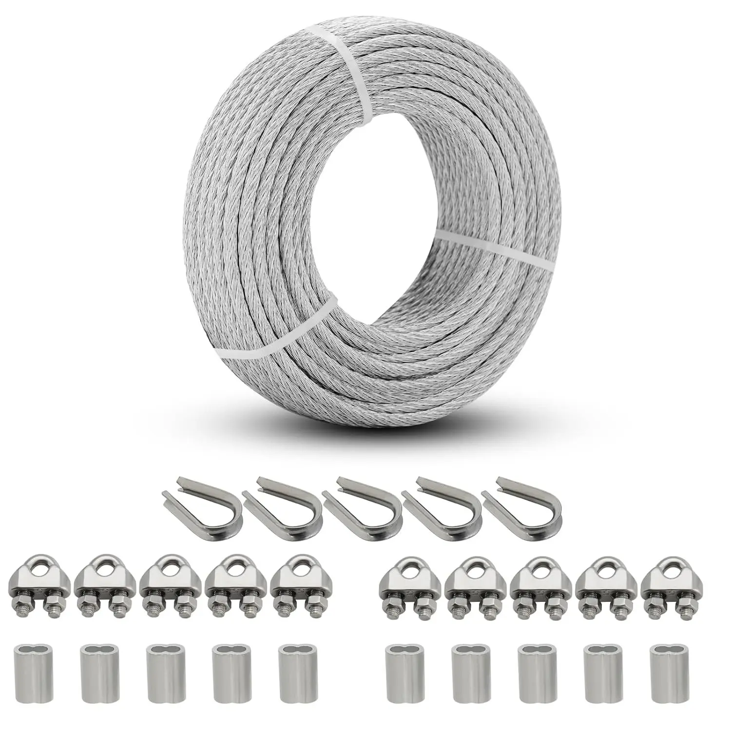 1/8 Steel Wire Rope Cable 7x7 Aircraft Cable 50ft Galvanized Cable Steel Cable Kit with Clamp Thimble Sleeve for Outdoor Clothes Line Anchored Shed Fencing Wire Garden Wire String Lights