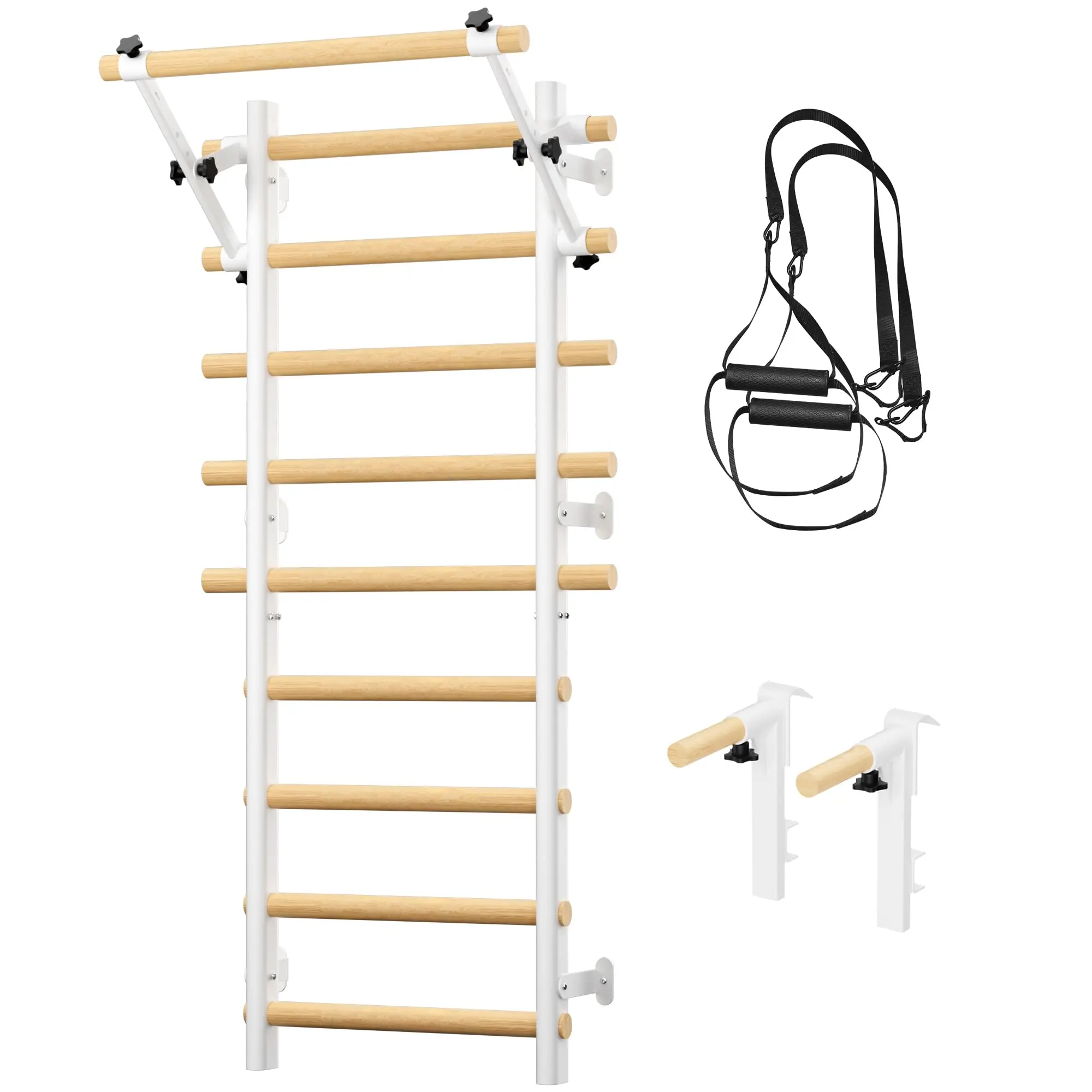 COFIYARD Wooden Swedish Ladder Wall Gym, Wall Mounted Stall Bars with Pull Up Bar, Dip Bars & Workout Straps, Full Body Home Fitness Training Equipment