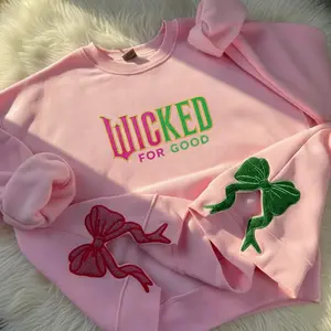 Giltter Wicked Side Bow Embroidered Sweatshirt, Wizard of Oz Movie Crewneck, Elphaba Glinda Defy Gravity Fan Gift, Wicked Changed For Good