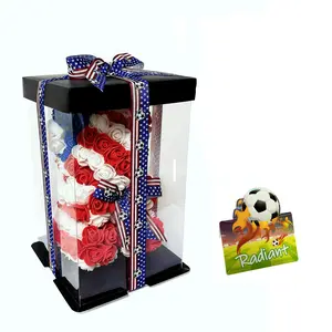 3pcs American Rose Teddy Bear Set, Handmade Forever Flowers, Transparent Gift Box, Ideal Gift for Independence Day, Graduation, Football Fans