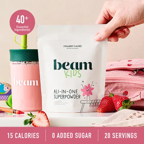 Beam Kids Superblend Vitamin Drink Powder – Strawberry Milk Flavor, Pediatrician Formulated, 40+ Ingredients, Growth & Bone Health Support, Immune & Digestive Support, Sugar Free, 20 Servings