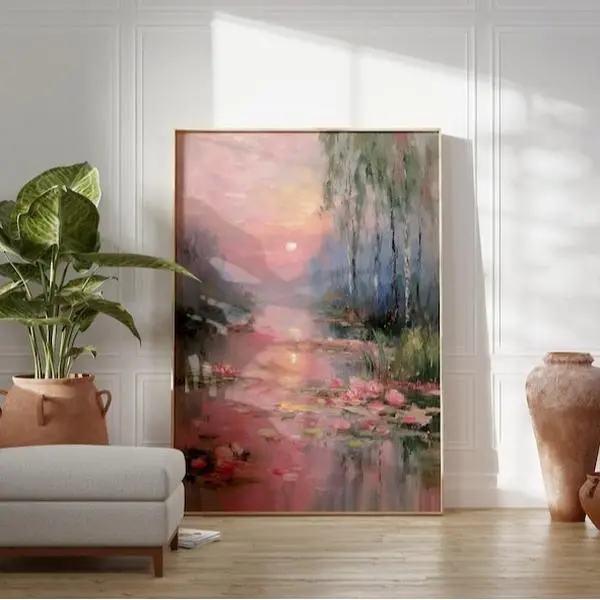 Pink Sunset Landscape Poster, impressionist wall art, serene lake reflection print, pastel sunrise painting, romantic nature decor