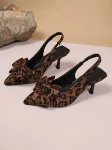 Women's Pointed Toe Slip-On Fashion Sandals, Textile Upper Leopard Print Bow Decorative 7cm Heel Open-Toe Shoes, Footwear