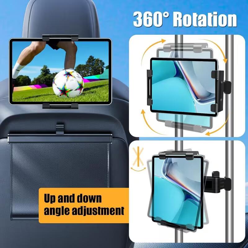 3In1 Car Headrest Tablet Holder for iPad/Phones, 360° Rotating Adjustable Trip Essentials, Black Color, ABS Material, Universal Fit for 4.7-11 Inch Devices, Easy Installation
