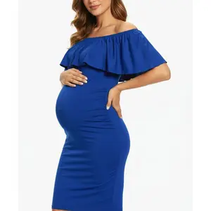95%Polyester 5%Elastane Off Shoulder Maternity Dress, Sleeveless Ruffled Knee-Length Slim Fit Pregnancy Dress, In Stock with Zipper Bag & Wash Label