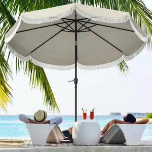 UPF30 Plus Shade Umbrella 9 Ft Tiltable Porch Umbrella With Hand Crank And Tassel Mounts On Table Or Base 8 Steel Ribs For Wind Stability