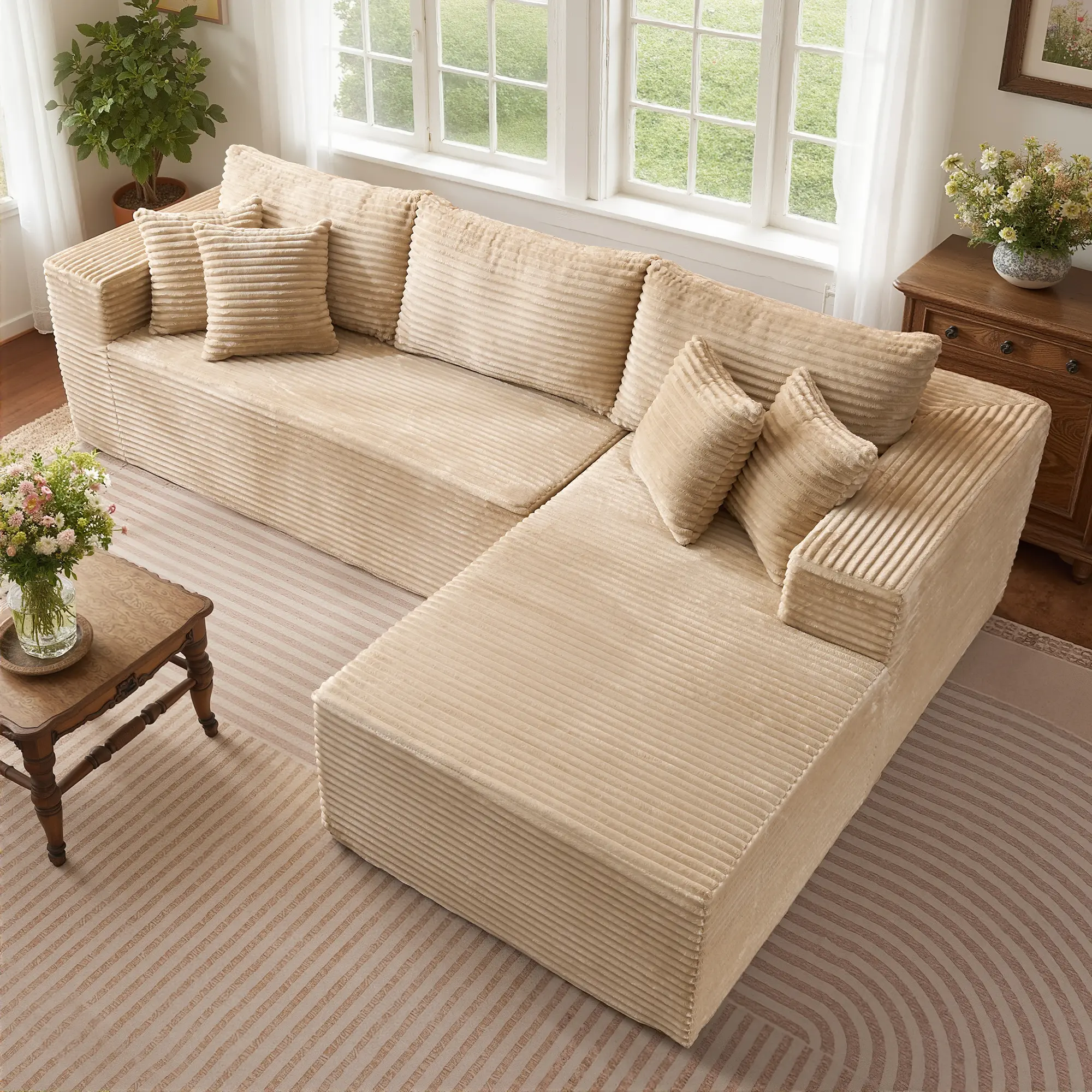 108" Beige L Shaped Sofa with Right Chaise