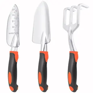 Gardening tool set, three-piece heavy-duty gardening tool set, including a garden trowel, transplanting trowel, and hand rake with ergonomic handle, for planting tools made of aluminum alloy lawn.