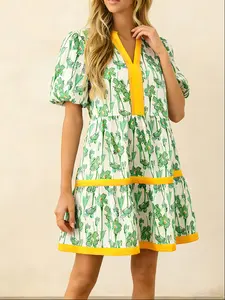 HarSum Elegant Floral A Line Dress for Women, Puff Sleeve V Neck Patchwork Mini Sundress, Summer Vacation Resort Outfit