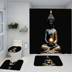 Buddha Pattern Shower Curtain Set with Rug, Non-Slip Bath Mat, U-Shaped Toilet Lid Cover Pad, Modern Home Decor Accessories