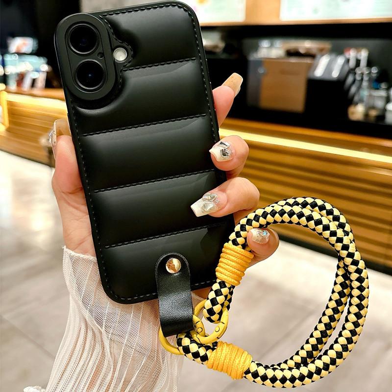 Luxury Liquid Down Jacket iPhone Case with Hand Strap | Oil Coated Protective Cover for iPhone 16 15 14 13 12 11 XR 7 8